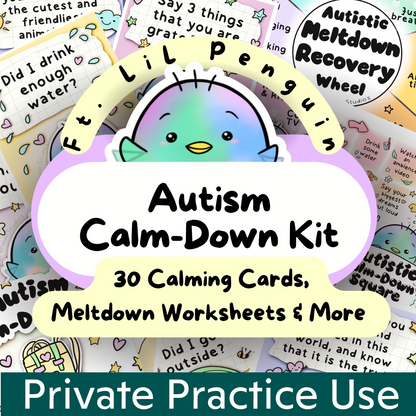 Autism Calm-Down Kit, Autistic Burnout Prevention, Meltdown Recovery, Penguin ADHD Autism Cards, Neurodivergent Poster, Therapy Worksheet,