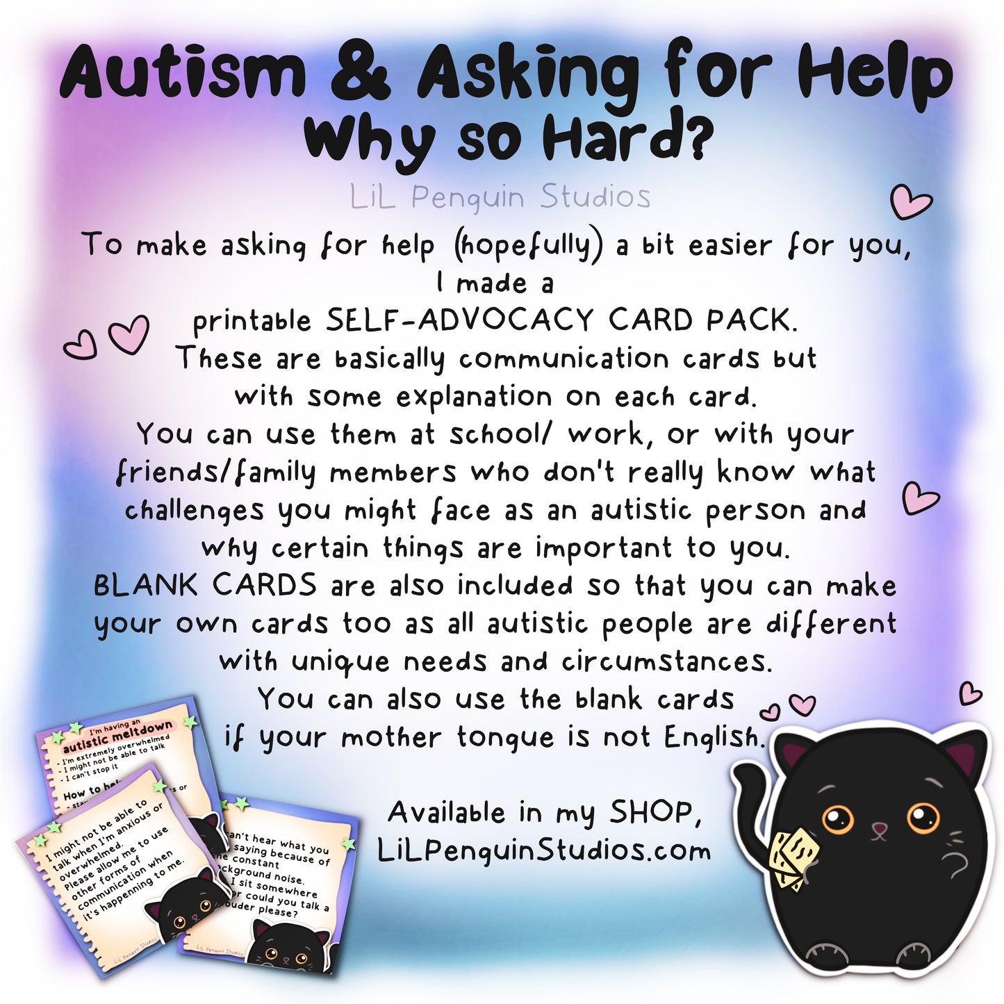 Black Cat Autism Self-Advocacy Communication Cards, Autism Download, Sensory Issues, ADHD and Autism Lanyard Cards for School/ Work/ Home