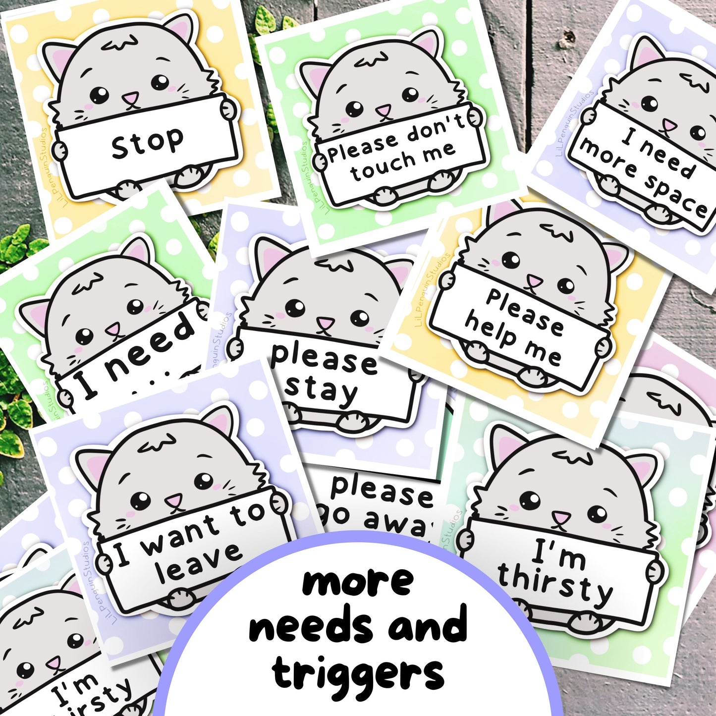 Kawaii Kitten-Themed Communication Cards and Affirmation Cards, Hidden Disability Cards, for people with Selective Mutism, Autism, ADHD, Anxety. The set includes communication cards for autistic meltdowns and shutdowns as well. Hand-drawn by an autistic artist (LiL Penguin Studios)