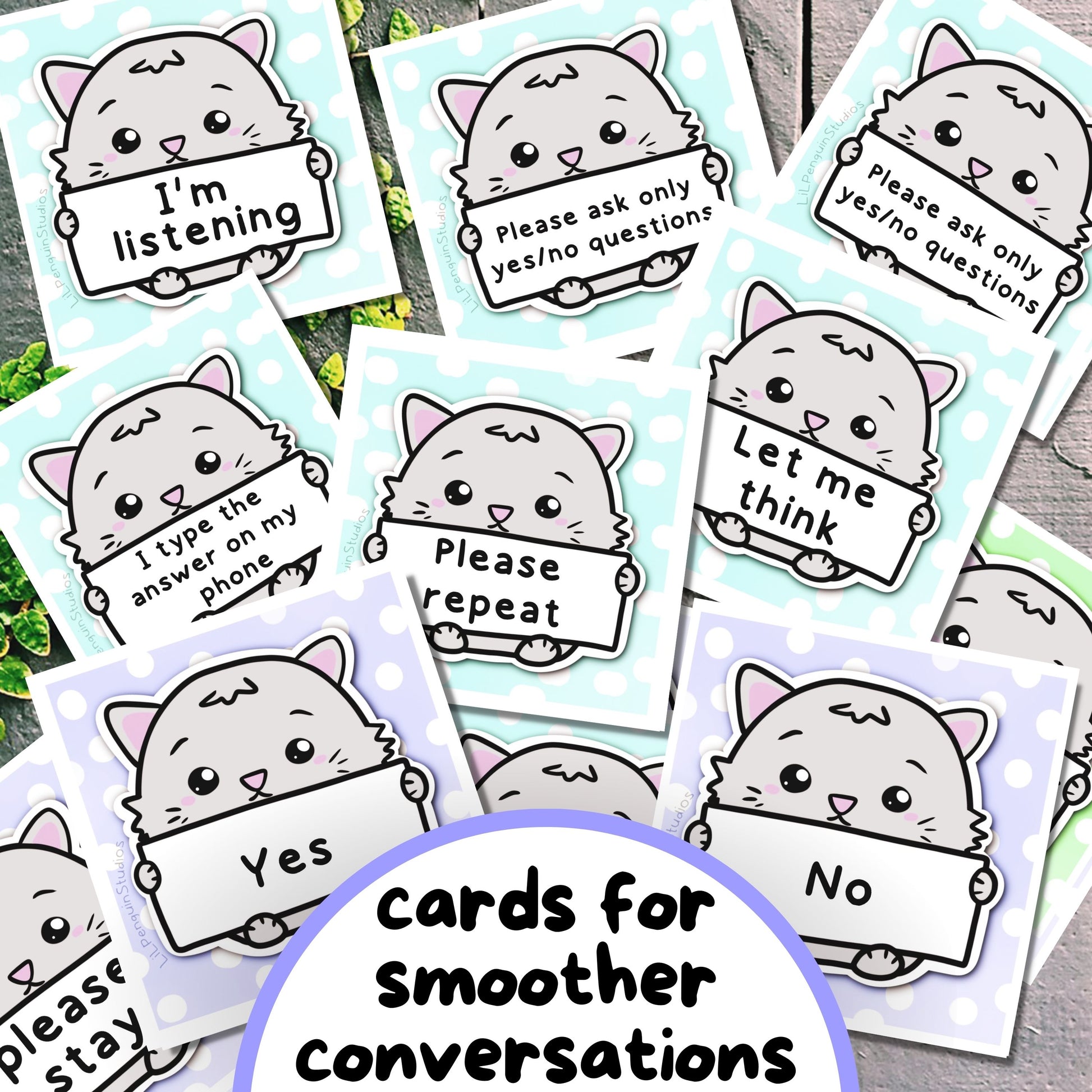 Kawaii Cat-Themed Communication Cards and Affirmation Cards, Hidden Disability Cards, for people with Selective Mutism, Autism, ADHD, Anxety. The set includes communication cards for autistic meltdowns and shutdowns as well. Hand-drawn by an autistic artist (LiL Penguin Studios)