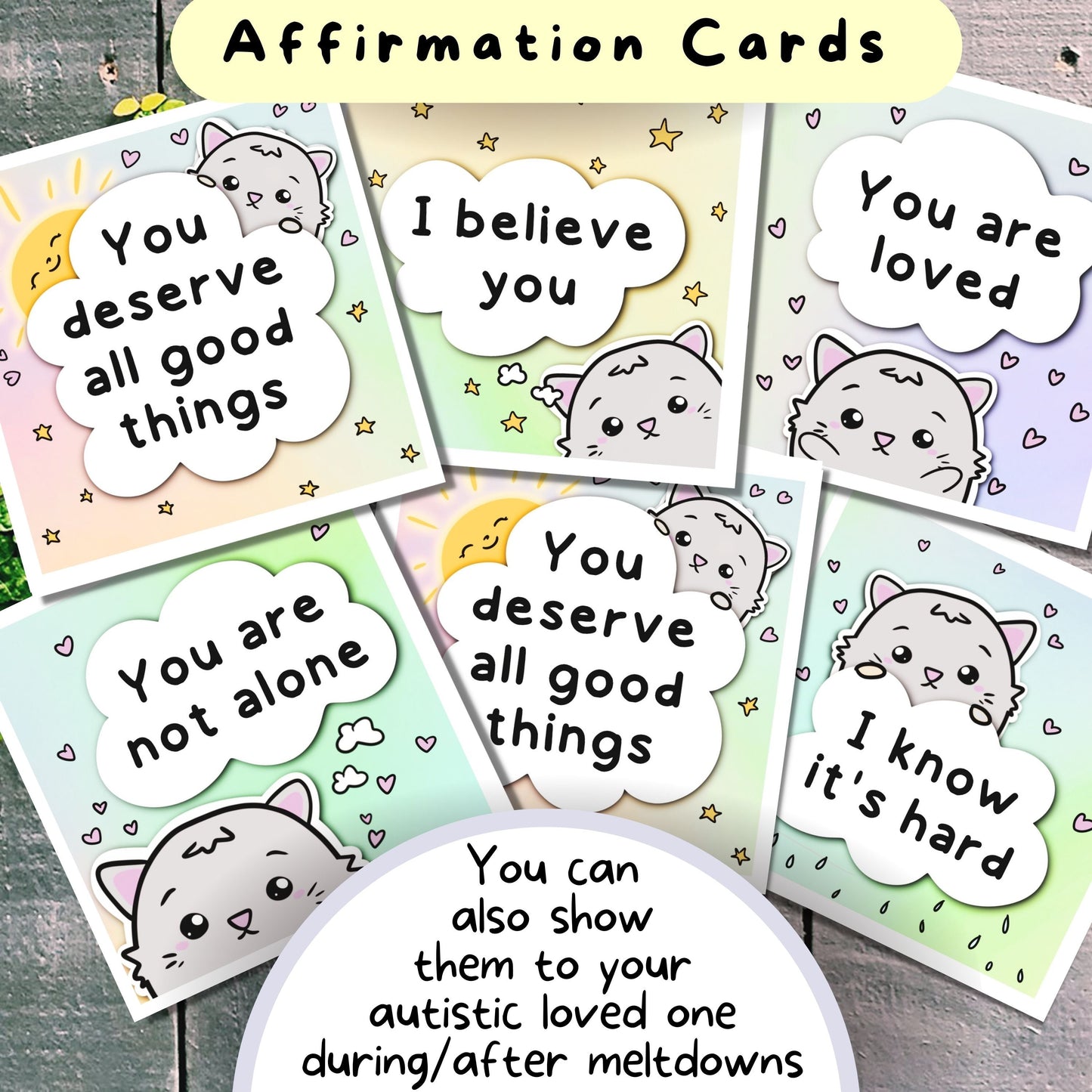 Cat-Themed Autism Affirmation Cards for Meltdowns, Shutdowns & Anxiety, Calming Mindfulness Printable for Children/ Adults, Autistic Gift