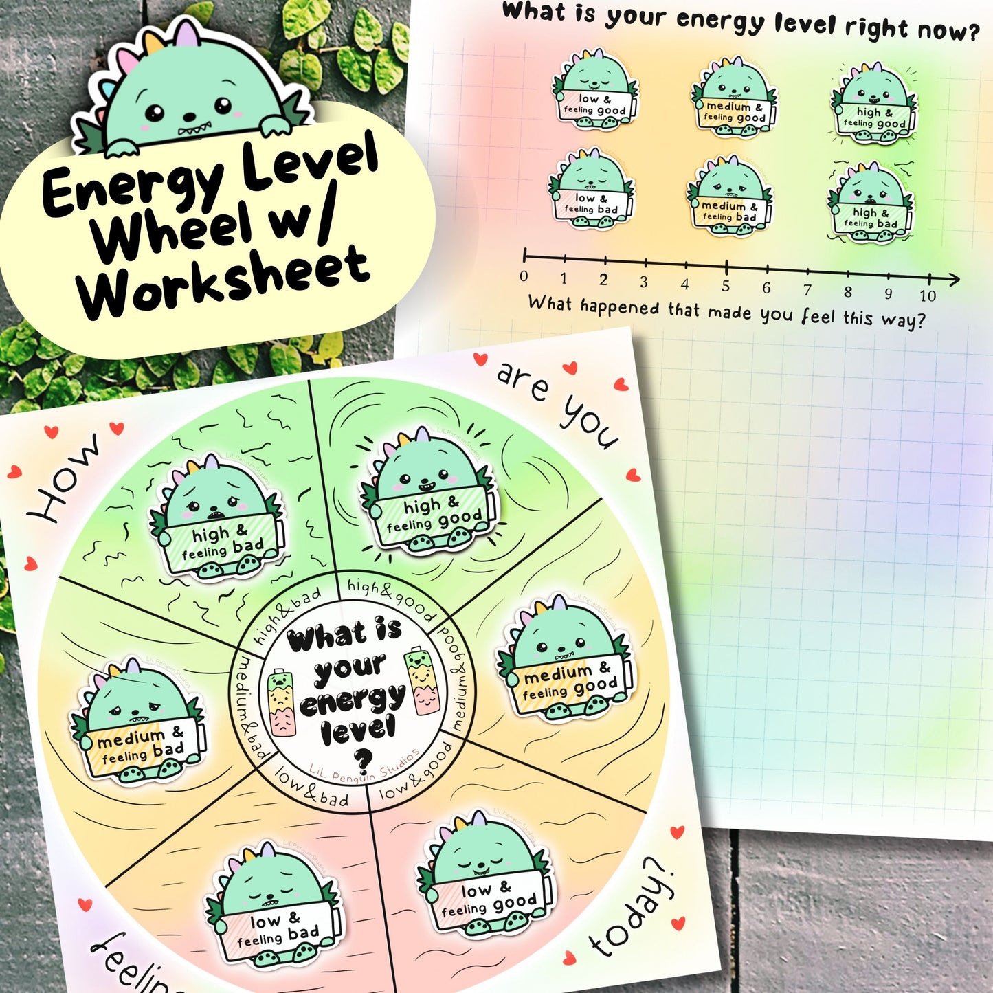 Dino FEELINGS Communciation Cards w/ Energy Levels for Autistic Children and Adults, Autism Worksheet, Dinosaur Emotions Flashcard, Kit, Sensory Overload Aid, Feelings Wheel