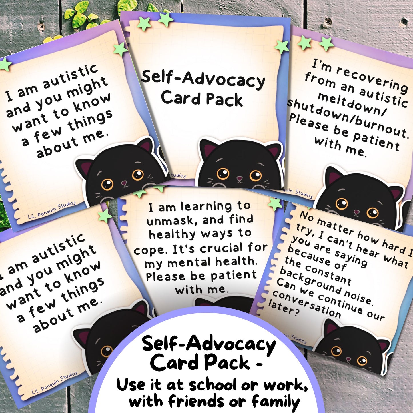 Black Cat Autism Self-Advocacy Communication Cards, Autism Download, Sensory Issues, ADHD and Autism Lanyard Cards for School/ Work/ Home