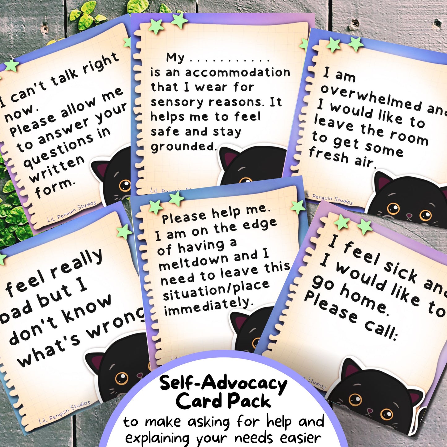 Black Cat Autism Self-Advocacy Communication Cards, Autism Download, Sensory Issues, ADHD and Autism Lanyard Cards for School/ Work/ Home