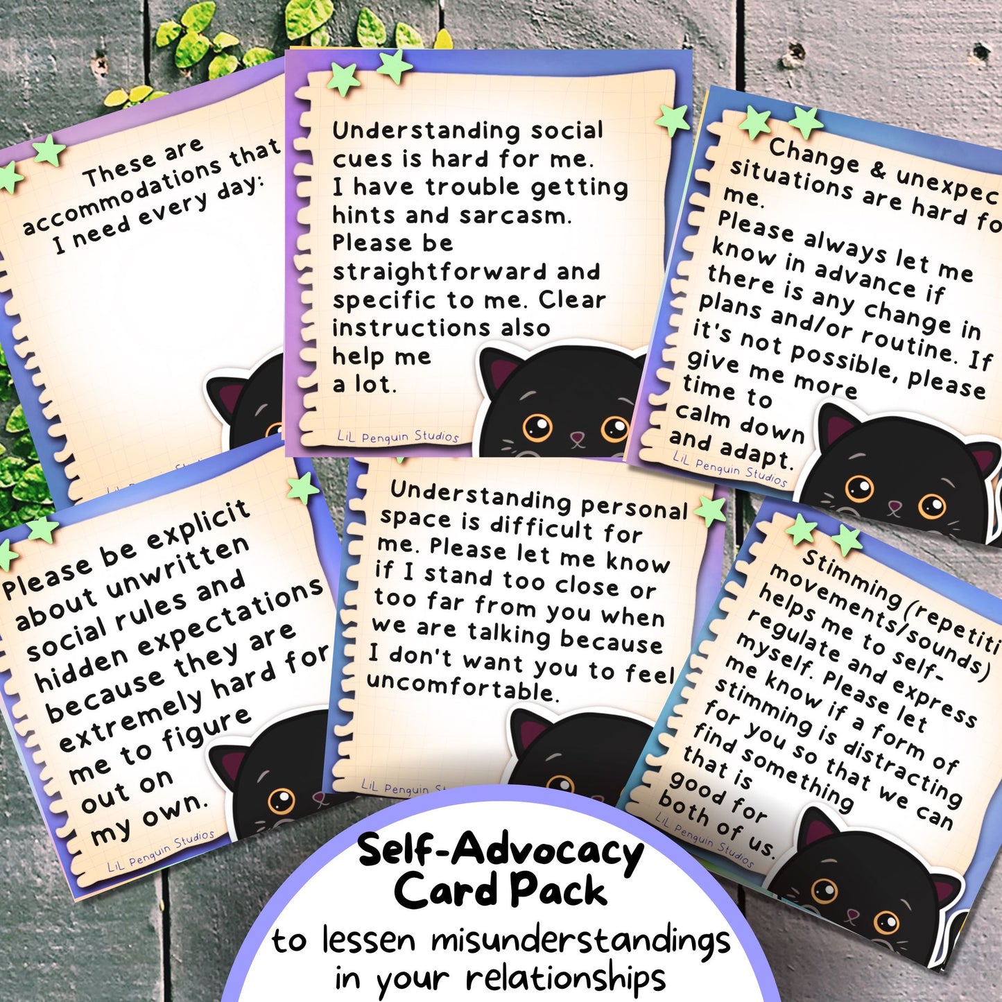 Black Cat Autism Self-Advocacy Communication Cards, Autism Download, Sensory Issues, ADHD and Autism Lanyard Cards for School/ Work/ Home