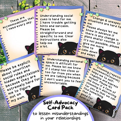 Black Cat Autism Self-Advocacy Communication Cards, Autism Download, Sensory Issues, ADHD and Autism Lanyard Cards for School/ Work/ Home