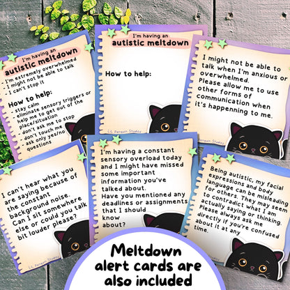 Black Cat Autism Self-Advocacy Communication Cards, Autism Download, Sensory Issues, ADHD and Autism Lanyard Cards for School/ Work/ Home