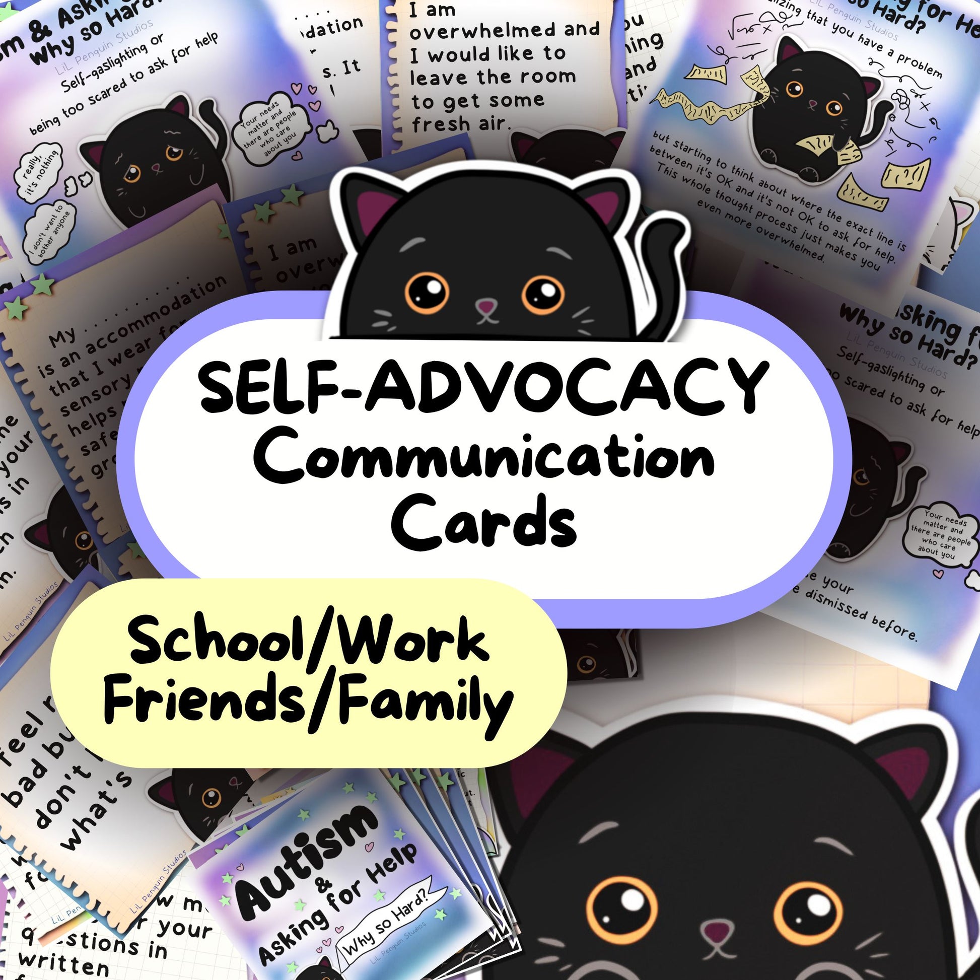 Black Cat Autism Self-Advocacy Communication Cards, Autism Download, Sensory Issues, ADHD and Autism Lanyard Cards for School/ Work/ Home