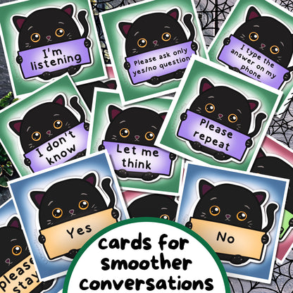 Black Cat Autism Communication Cards & Affirmations, Printable Autism Lanyard Kids, Halloween ADHD Autistic Non Verbal Kit, Selective Mutism