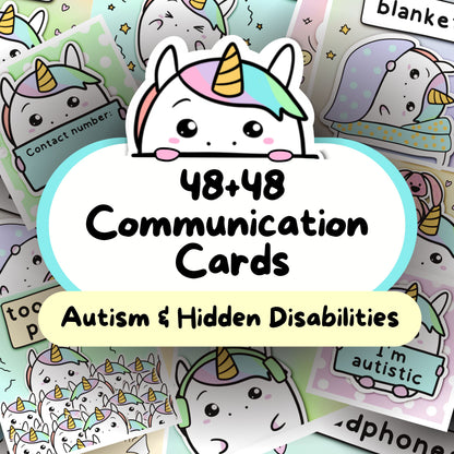 Unicorn 48+48 Daily Communication Cards (Autistic Meltdown, Sensory Overload, Hidden Disabilities)