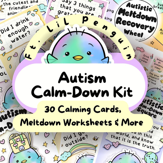 Autism Calm-Down Kit, Autistic Burnout Prevention, Meltdown Recovery, Penguin ADHD Autism Cards, Neurodivergent Poster, Therapy Worksheet,