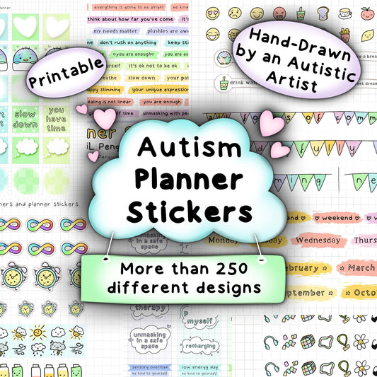Printable Autism Planner Stickers hand-drawn by an autistic artist.