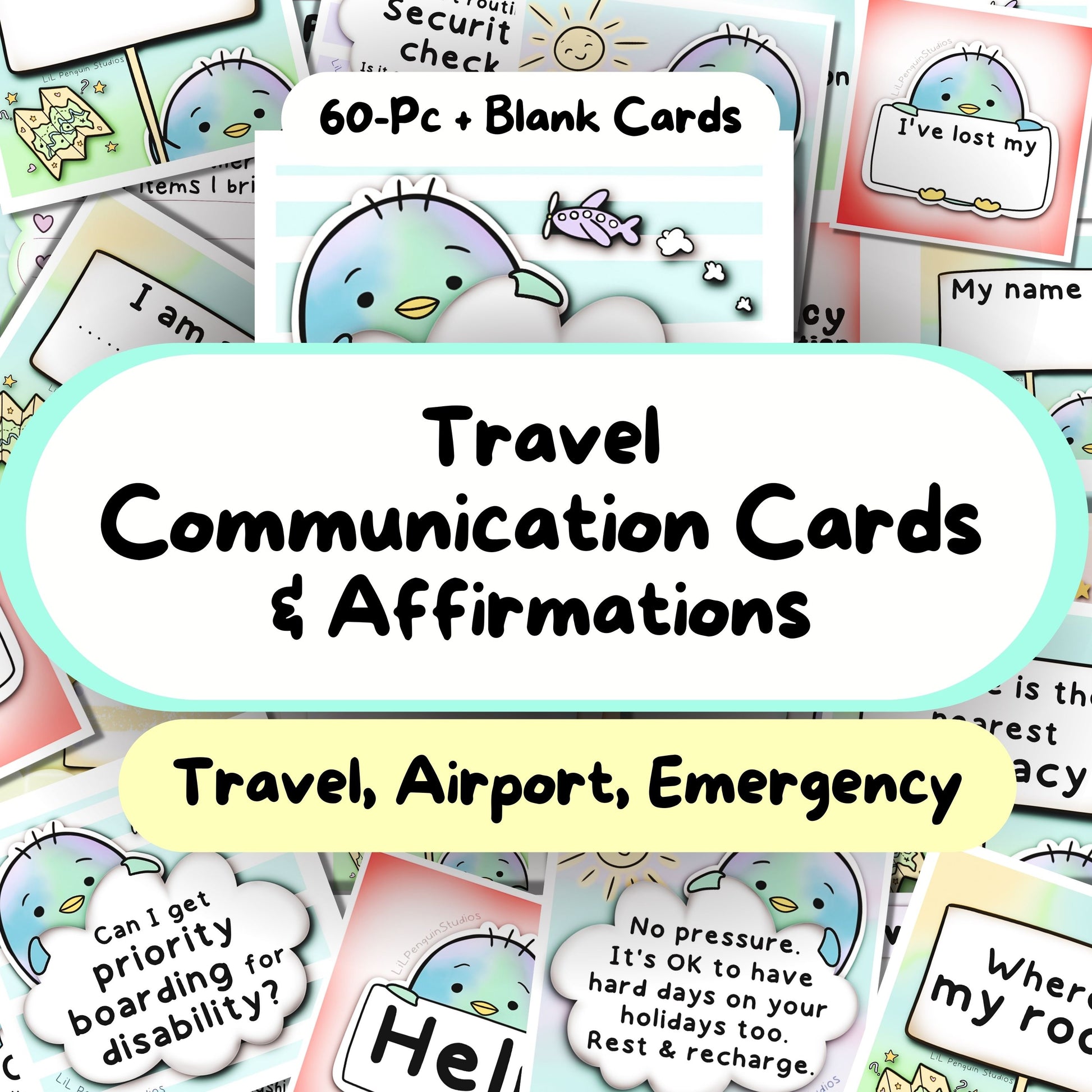Autism travel affirmation and communication cards hand drawn by an autistic artist (airport, emergency and more travel communication cards as well as some routine affirmation cards for traveling