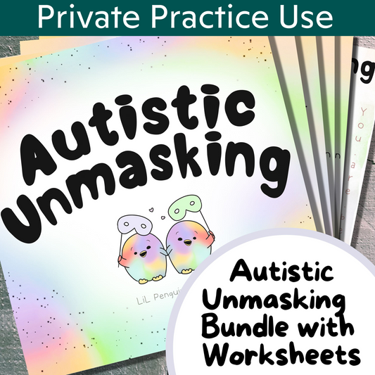 Autistic Unmasking Bundle with private practice licence. This bundle includes 6 Worksheets, a poster and 6 further art prints.