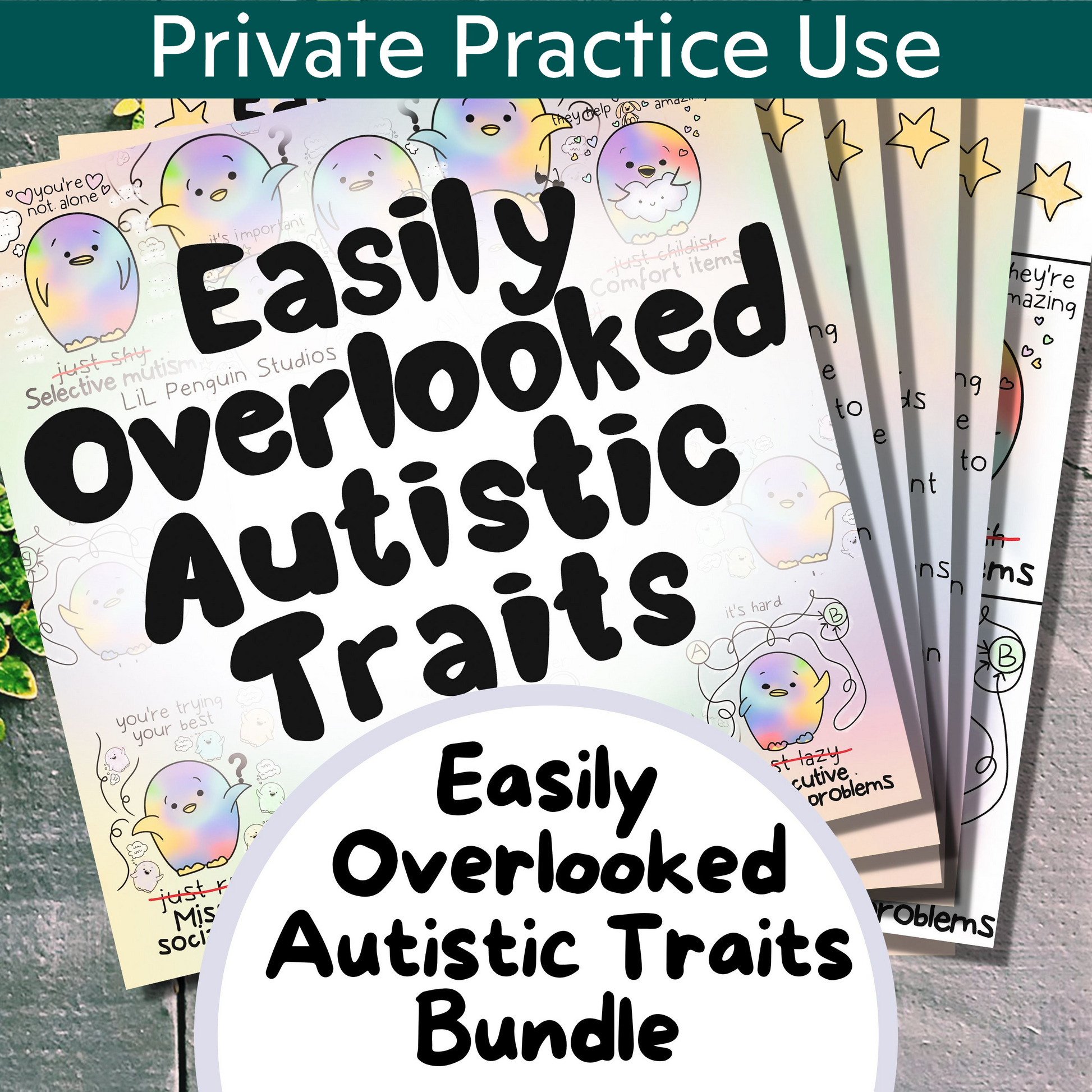 Easily Overlooked Autistic Traits Printable Bundle for therapists and other professionals hand drawn by an autistic artist including seven autism acceptance art prints. Great for neurodiversity affirming therapists (psychologists, psychiatrists, speech pathologists), school counsellors, special education teachers, etc.