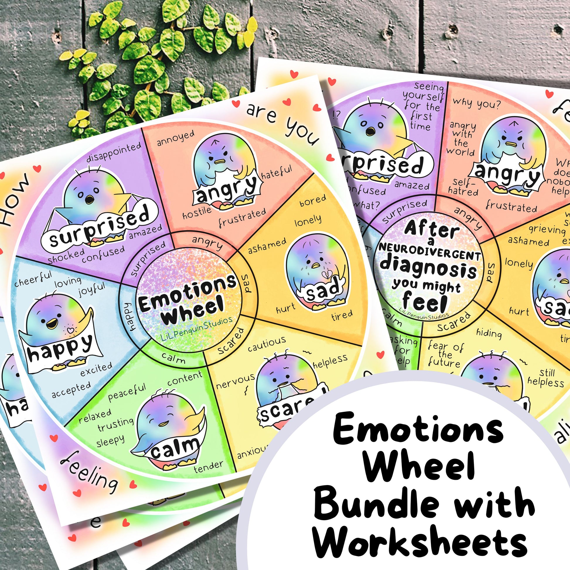 Emotions Wheel Bundle with blank worksheets for neurodivergent people and their families.