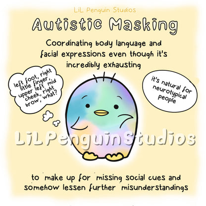 Autistic Masking printable bundle for therapists and other professionals with a blank worksheet. Hand drawn by an autistic artist (LiL Penguin Studios)