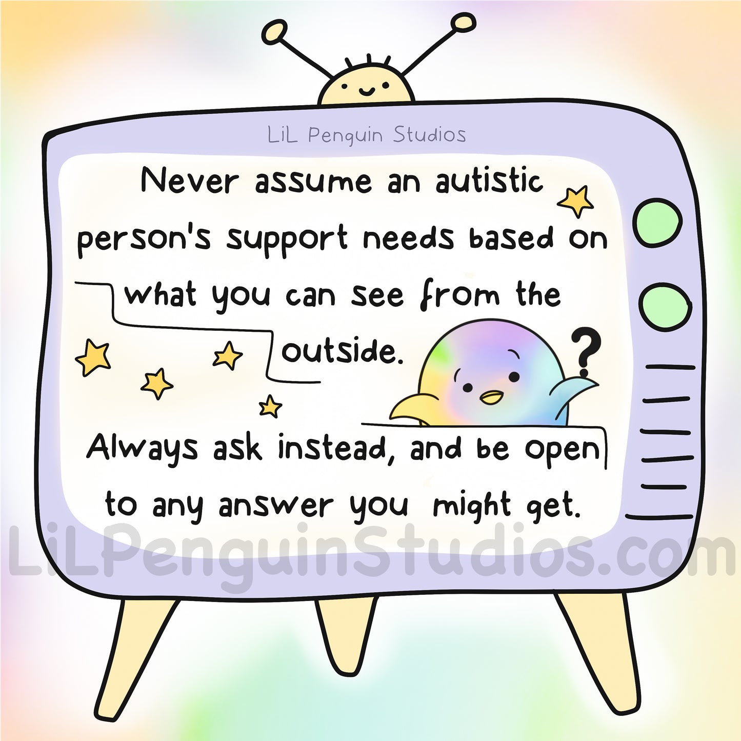 Autism infographics explaining that the autism spectrum is not linear and that there is no such thing as a little bit autistic. An autism poster hand drawn by an autistic artist (LiL Penguin Studios)