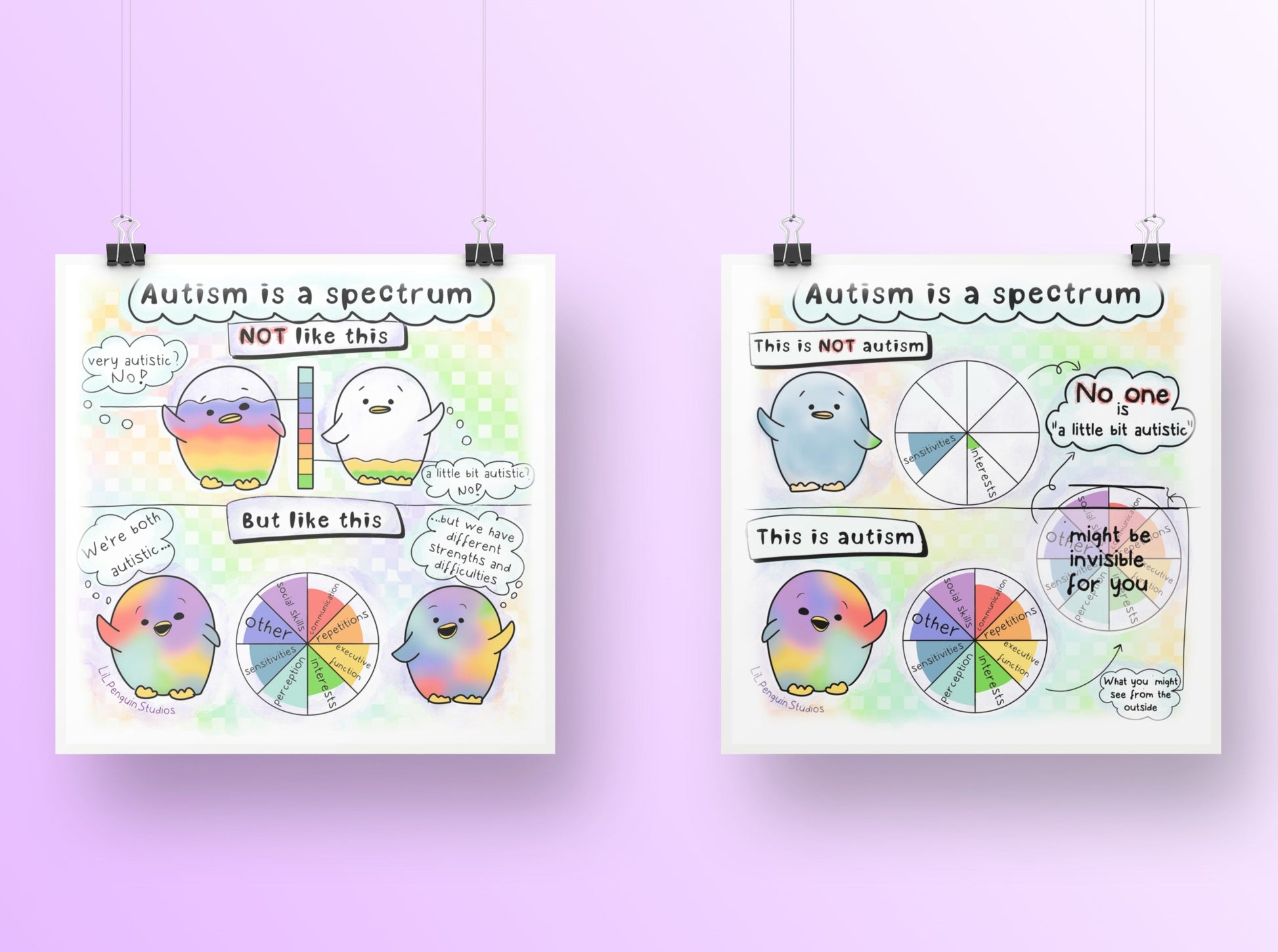 Autism infographics explaining that the autism spectrum is not linear and that there is no such thing as a little bit autistic. An autism poster hand drawn by an autistic artist (LiL Penguin Studios)