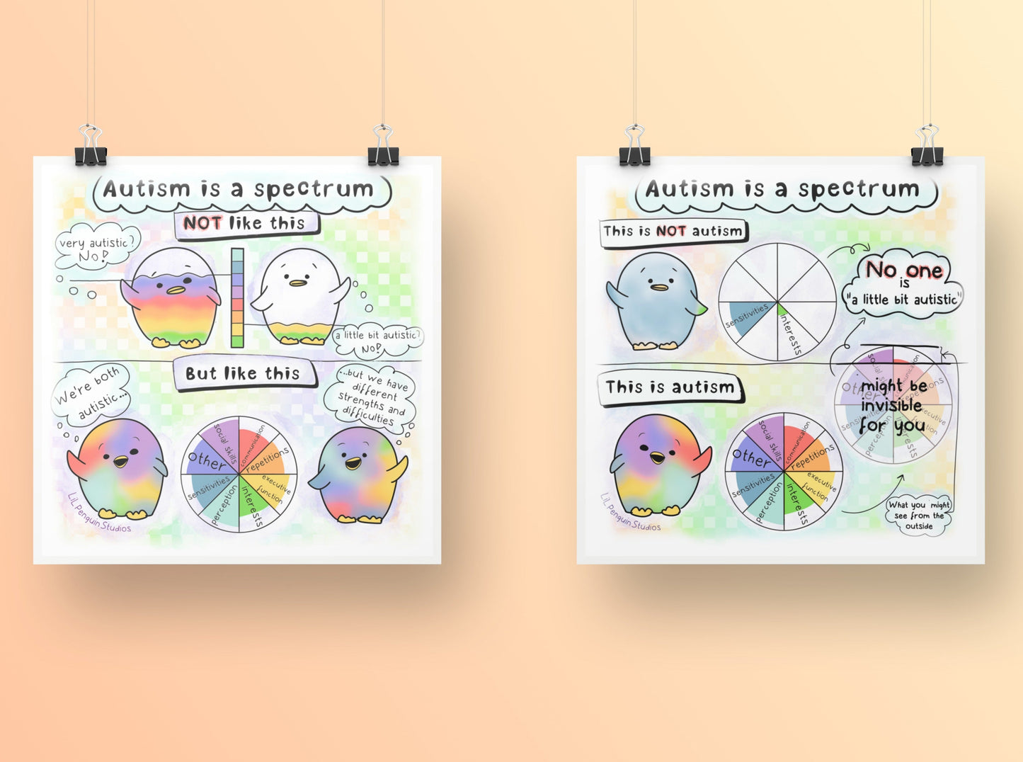 Autism infographics explaining that the autism spectrum is not linear and that there is no such thing as a little bit autistic. An autism poster hand drawn by an autistic artist (LiL Penguin Studios)