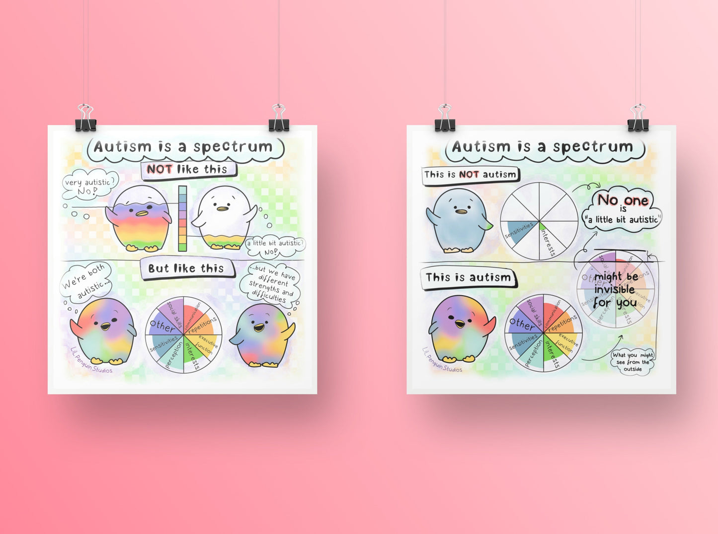 Autism infographics explaining that the autism spectrum is not linear and that there is no such thing as a little bit autistic. An autism poster hand drawn by an autistic artist (LiL Penguin Studios)